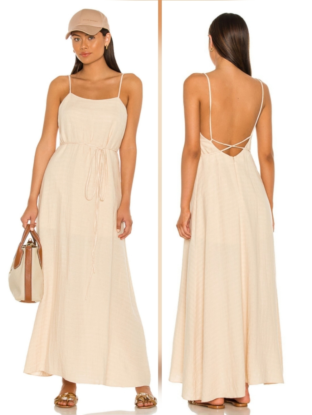 Revolve Dannijo Tie Waisted Open Back Gauze Beige Maxi Dress